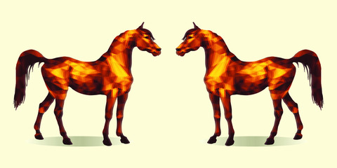 two red horses standing opposite each other, isolated image on a white background in the low poly style
