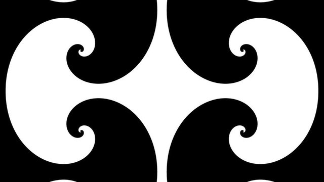 Moving geometric black and white symmetric spirals. Seamless looping footage.