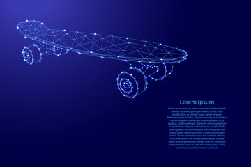 Skateboard from futuristic polygonal blue lines and glowing stars for banner, poster, greeting card. Vector illustration.