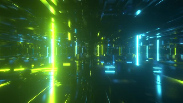 Flying in a technological abstract space with luminous neon tubes. Cyberpunk style. Modern green spectrum of light. Seamless loop 3d render