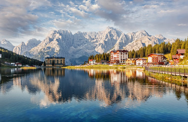Incredible nature landscape. Great view on Fairy tale lake in Dolomites alps. Beautiful landscape...