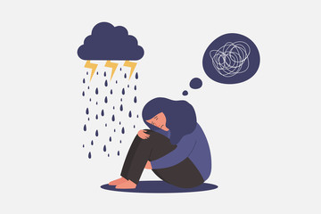 unhappy and sad young girl in depression sitting and hugging knees with confused and rainy cloud on mind, sorrow, mental health concept, cartoon female character vector flat illustration - obrazy, fototapety, plakaty