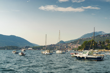 Sunny view of the Herceg Novi from the sea on the background of mountains, Montenegro.