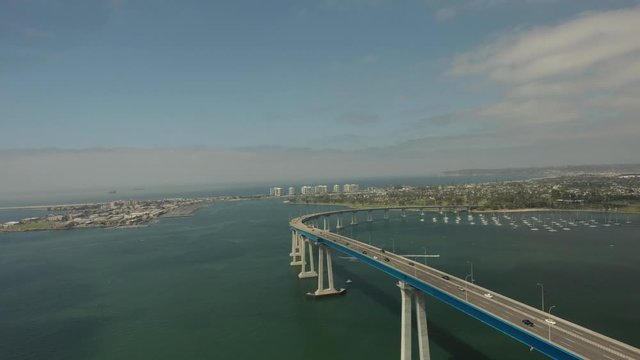 Wide aerial, Coronado Bridge in San Diego