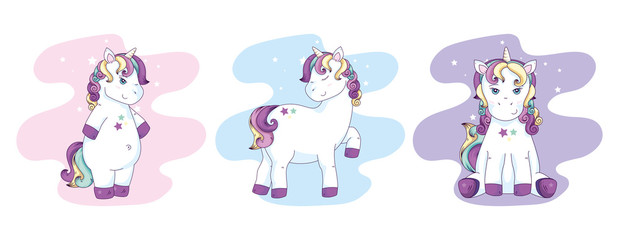 group of cute unicorns fantasy vector illustration design