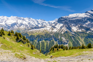 View of beautiful landscape in the Alps with fresh green meadows and snow-capped mountain tops in the background on a sunny day with blue sky and clouds in springtime.