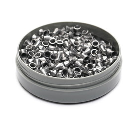 Lead pellets for air rifle and box isolated on white background 