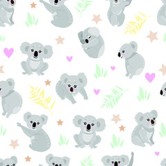 Seamless graphic pattern with the image of koalas on a white background. Vector illustration