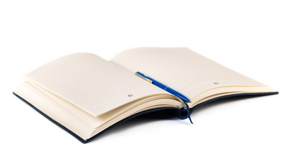 An open notebook and pen isolated on a white background