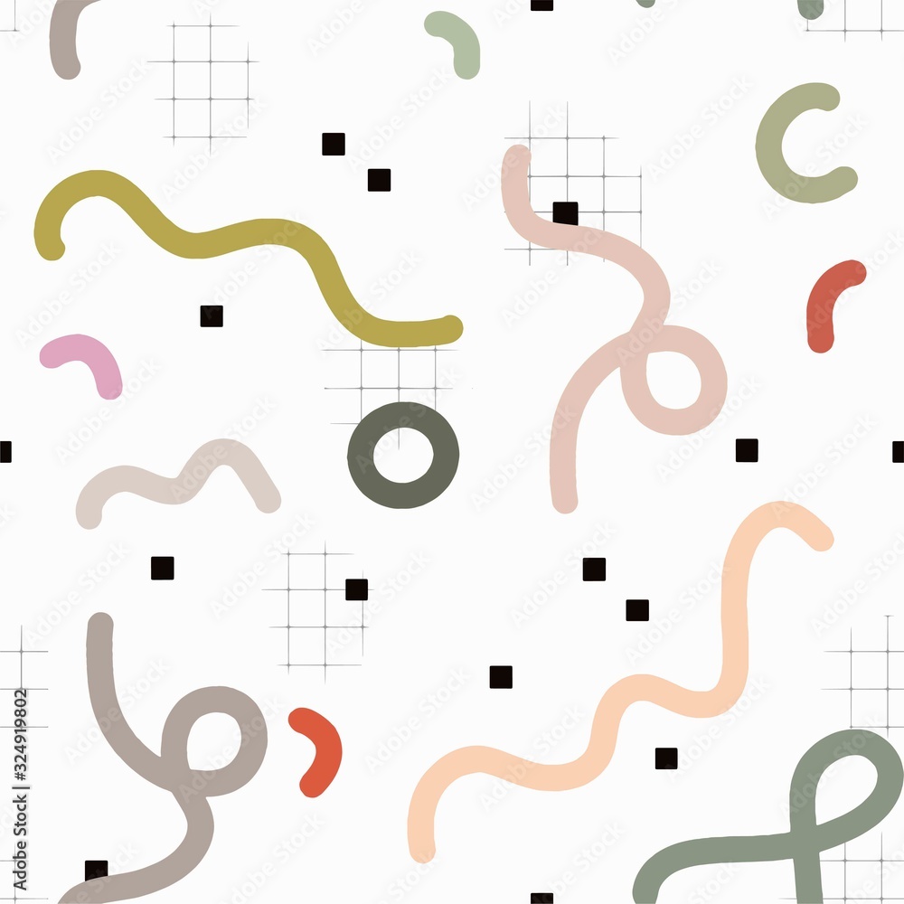 Poster abstract minimalistic background with color lines and black squares. seamless drawing with doodles