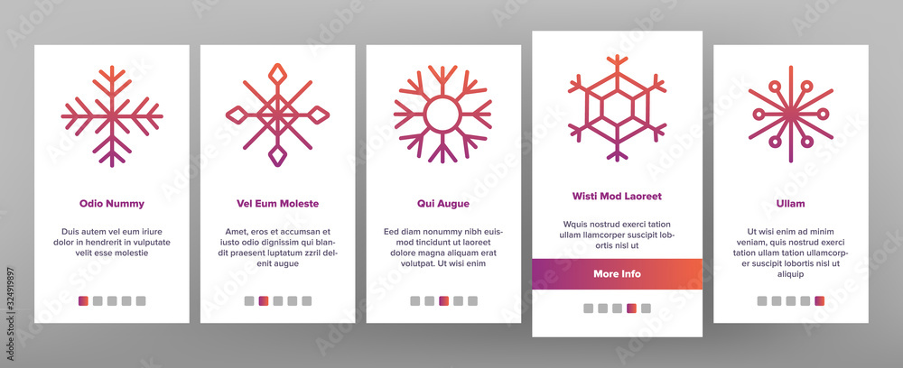 Poster snowflake tracery onboarding icons set vector. beautiful decorative frozen winter snowflake in diffe
