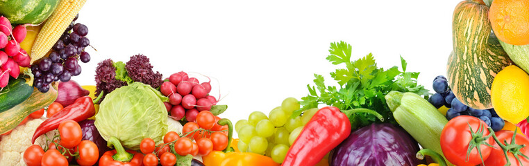 Frame of set vegetables and fruits on white background. Free space for text.