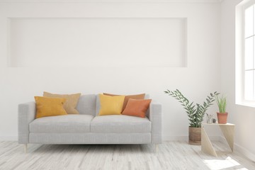 Modern living room in white color with sofa. Scandinavian interior design. 3D illustration