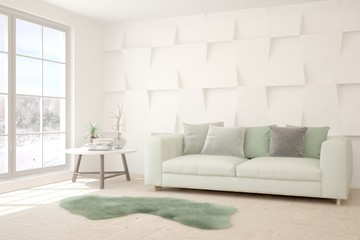 Modern living room in white color with sofa and winter landscape in window. Scandinavian interior design. 3D illustration