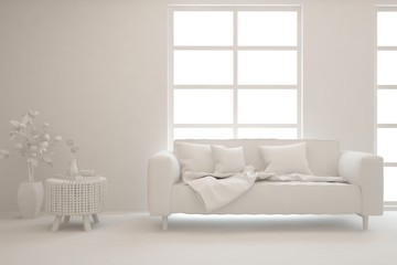 Mock up of minimalist living room in white color with sofa. Scandinavian interior design. 3D illustration