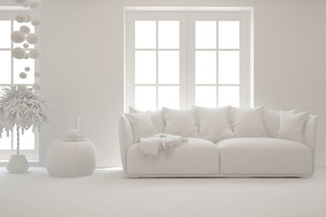 Mock up of minimalist living room in white color with sofa. Scandinavian interior design. 3D illustration