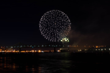 fireworks. Jacques Cartier bridge with fireworks. Montreal Quebec. Fireworks.