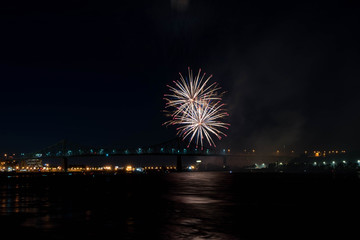fireworks. Jacques Cartier bridge with fireworks. Montreal Quebec. Fireworks.