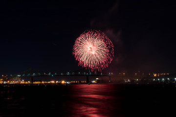 fireworks. Jacques Cartier bridge with fireworks. Montreal Quebec. Fireworks.