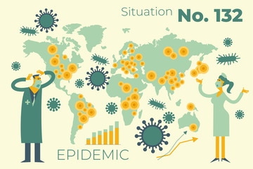 Flat medical illustration on the theme of the epidemic: a doctor and a nurse holding their heads, looking at the map of the world with the centers of the epidemic.