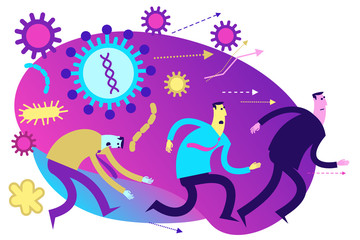 Flat medical illustration on the theme of the epidemic: healthy people run away from the patient so as not to get infected. Fear of an epidemic.