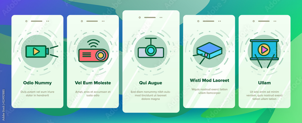 Poster projector equipment onboarding icons set vector. electronic device video projector and projection sc