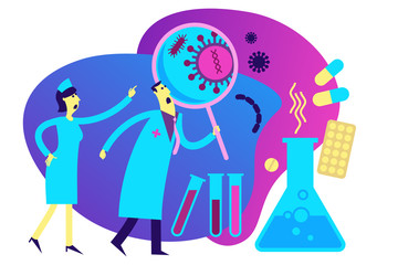 Flat medical illustration on the theme of the epidemic: a doctor and a nurse looking at the virus through a magnifying glass, medicines, tablets, pills, tests, flask. Doctors found a virus in the test