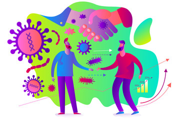 Flat medical illustration on the theme of the epidemic: handshake in which viruses and bacteria are transmitted. The spread of the epidemic.