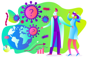 Flat medical illustration on the theme of the epidemic: a doctor and a nurse look at the virus attacking the Earth and helplessly spread their hands.
