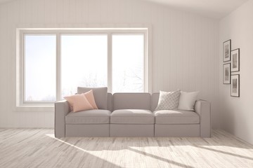 Modern living room in white color with sofa. Scandinavian interior design. 3D illustration