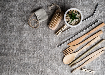 a set of platonic and wooden utensils and a plant that grows from plastic granules. Environment...