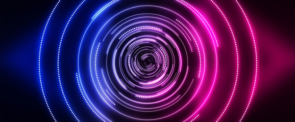 Dark futuristic neon background. Light center, neon circle. Rays and lines, geometric shapes.