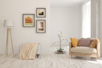 Stylish living room in white color with armchair. Scandinavian interior design. 3D illustration