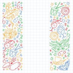 Brazilian vector pattern with palm, beach, firework. Brazil icons for posters and banners.