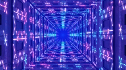 3D rendering. Flying through an endless glowing tunnel. Design with neon luminous particles. Hyper loop. Abstract creative futuristic background. Reflective surfaces. Modern colorful lights.