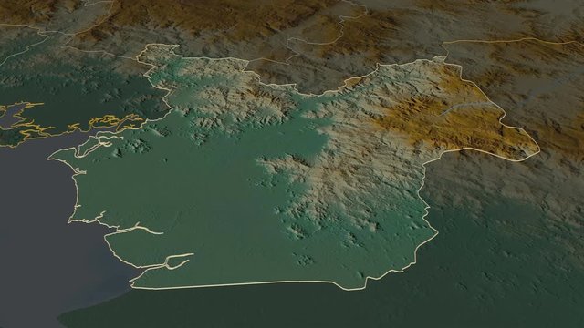 Choluteca, department with its capital, zoomed and extruded on the relief map of Honduras in the conformal Stereographic projection. Animation 3D