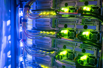 Hosting platform for modern Internet resources. Rack with server data storage equipment. Many...