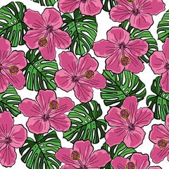 Fotobehang Tropische planten Seamless pattern with flowers and leaves on an isolated background. Vector pattern.