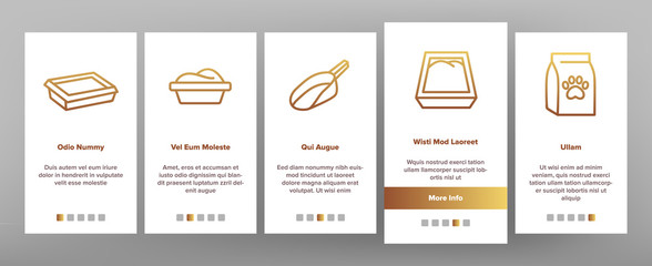 Pet Litter Accessory Onboarding Icons Set Vector. Cat In Pet Litter, Animal Footprint On Bag With Granules, Scoop Illustrations