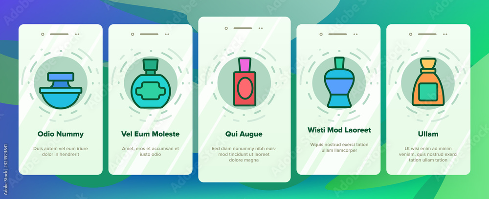 Aufkleber perfume containers onboarding icons set vector. glass bottles with aromatic perfume in different bea