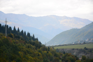 Fototapeta na wymiar Mestia, Georgia - October 2, 2018: View to the mountains from Hatsvali cable car, Svaneti