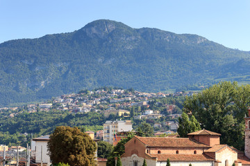 Cityscape of Trento and mountain alps panorama in Italy