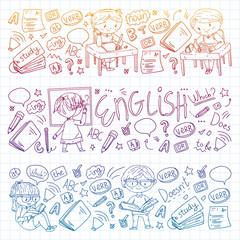 English school for children. Learn language. Education vector illustration. Kids drawing doodle style image.