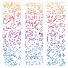 English school for children. Learn language. Education vector illustration. Kids drawing doodle style image.