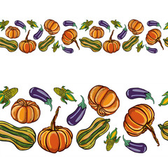 A border of colored vegetables. Vector seamless composition.