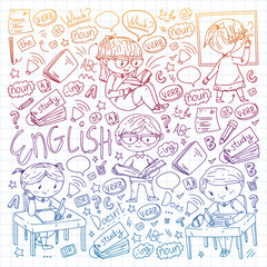 English school for children. Learn language. Education vector illustration. Kids drawing doodle style image.