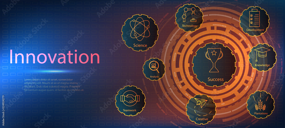 Poster icon set for innovation in various fields of technology, sections of science and education. the mark