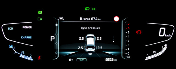 TPMS (Tire Pressure Monitoring System) monitoring display on car dashboard panel. The pressure measurement given in bar. Digital screen shows right correct tyre pressure. Car cluster in hybrid vehicle