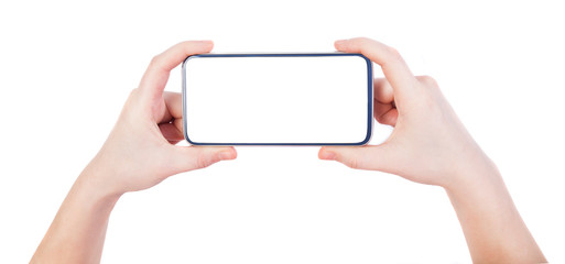 woman hands holding smartphone with white screen and background