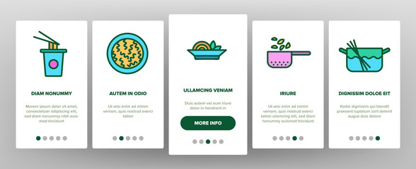 Pasta Dish Gastronomy Onboarding Icons Set Vector. Chinese Pasta In Cup With Chopsticks, Spaghetti On Plate And in Bowl, Nutrition Illustrations